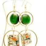 Earrings With Gold Hoops And Green And..