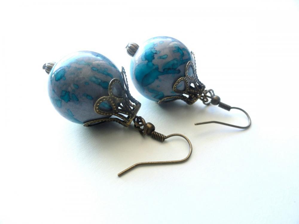 Purple And Blue Stone Beaded Earrings With Antiqued Bronze Beads