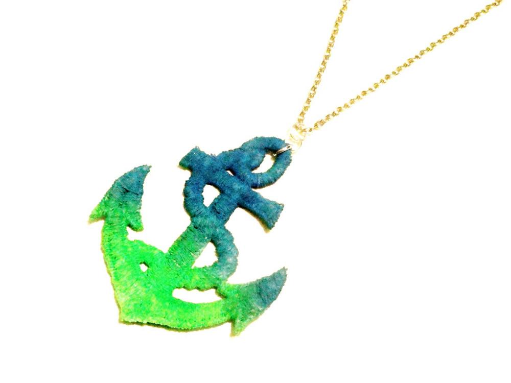 Lace Necklace Hand Dyed - Anchor In Neon Green And Neon Blue - Ocean Summer Nautical