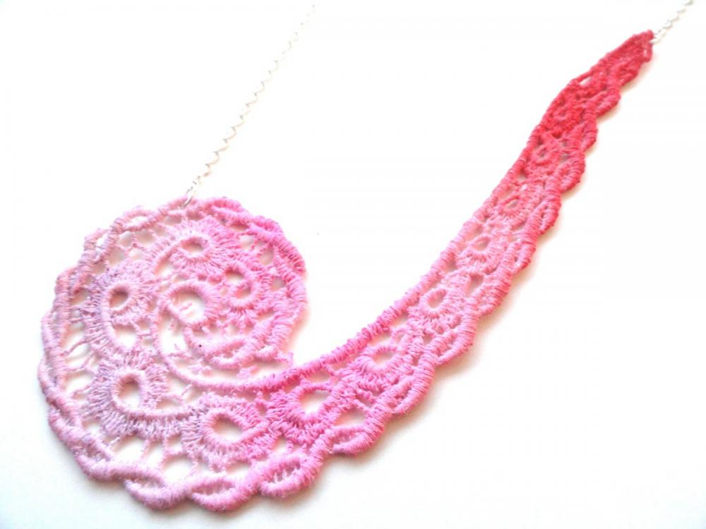 Lace Necklace Hand Dyed In Pink And Red With Silver Plated Chain - Valentine's Day - Customizable Colors )-( Danielle )-(