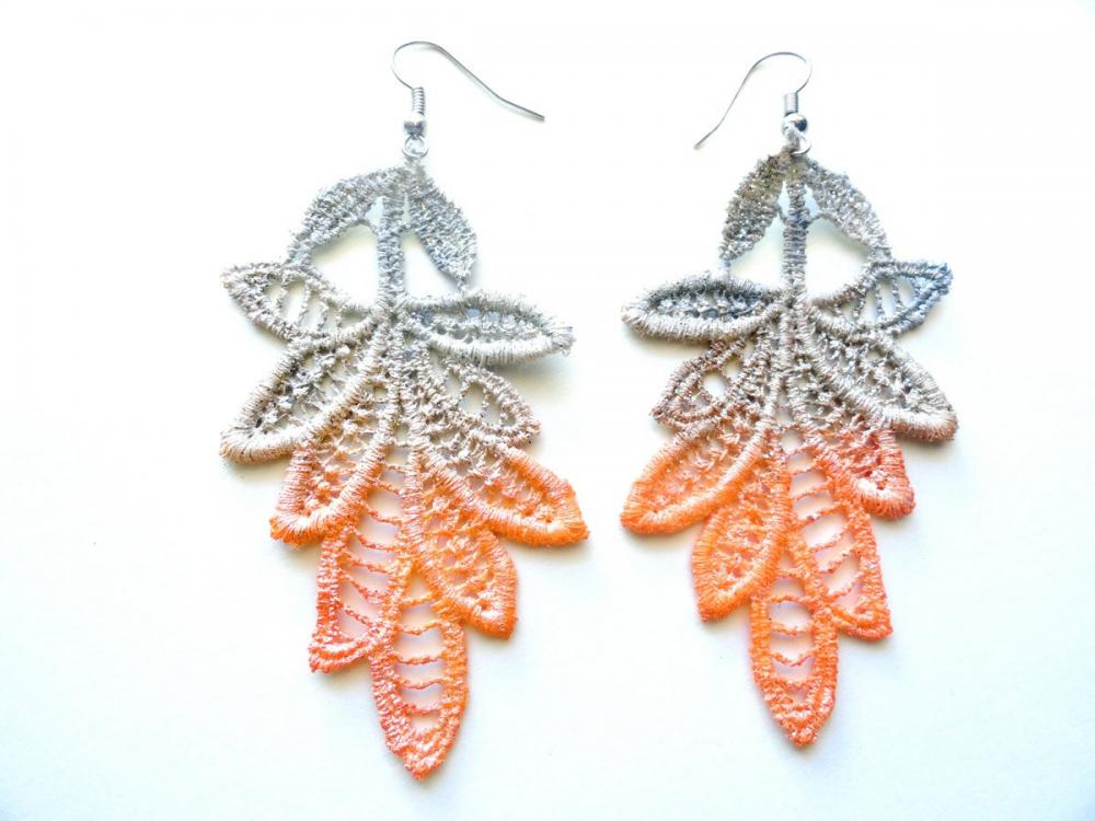 Lace Earrings Hand Dyed - Pearl Orange And Gray Leaves - Customizable Colors