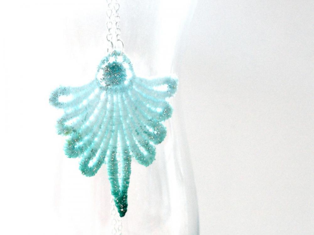 Teal And Sea Foam Green Lace Necklace With Silver Plated Chain For Spring Summer