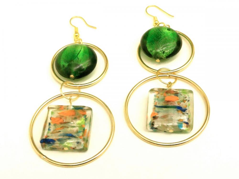 Earrings With Gold Hoops And Green And Multicolored Dichroic Glass Beads