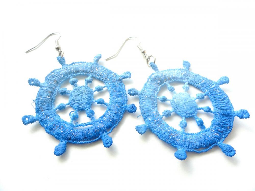 Nautical Blue Lace Earrings Hand Dyed - Summer Ocean Ship Wheel With Glitter