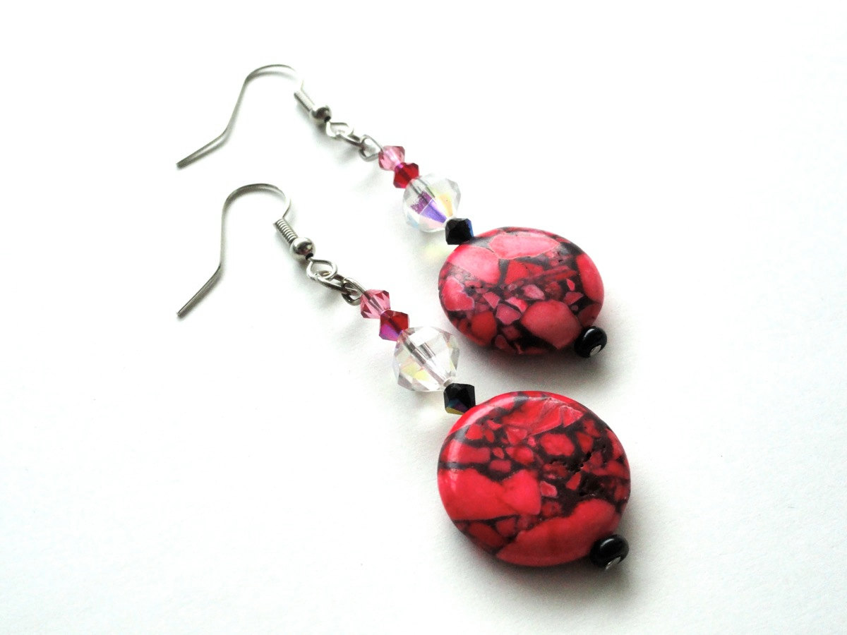 Neon Pink Stone Beaded Earrings With Swarovski Crystals on Luulla